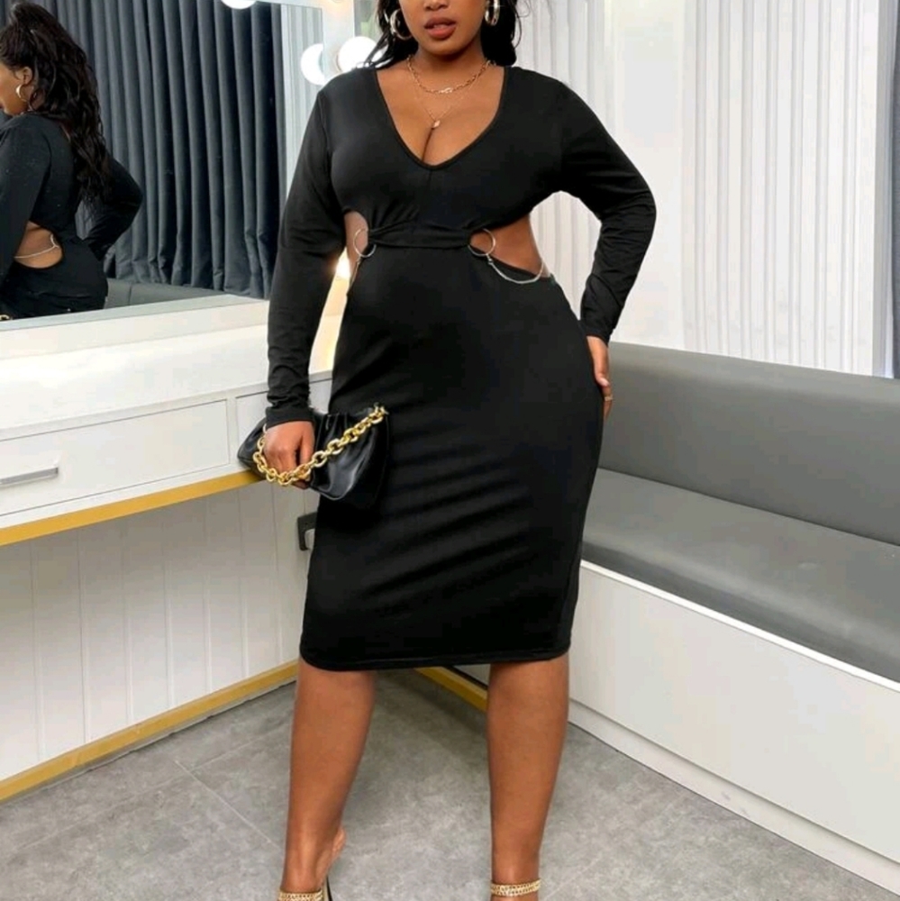 Sexy O-ring Cut Out Side Plunging Neck Split Back Bodycon Dress